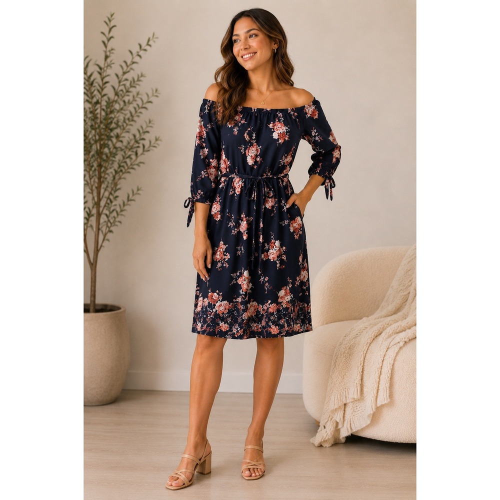 RUE21 Floral Off Shoulder Dress Women XL Navy Blue Boho Tie Sleeve Pocket Summer